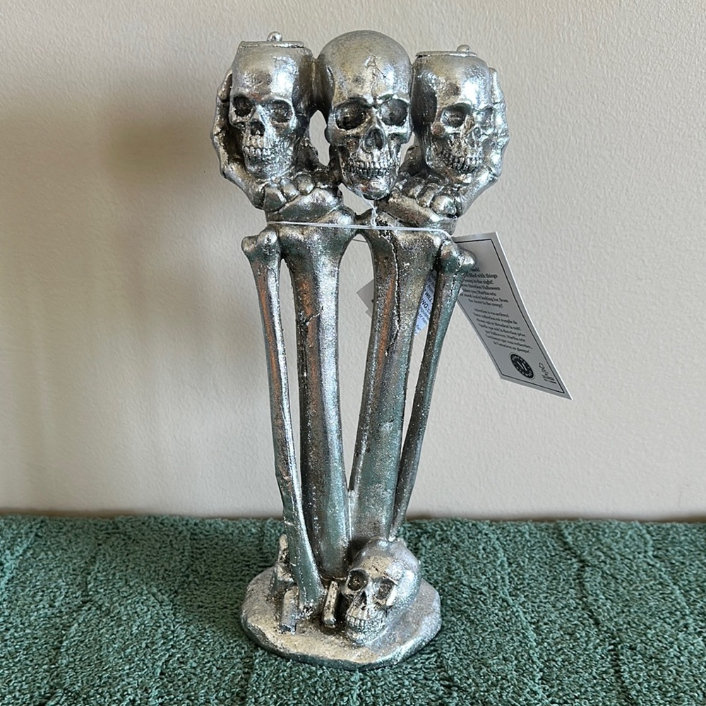 Martha Stewart Halloween Silver Tone Skull 💀 Candle Holder NEW!